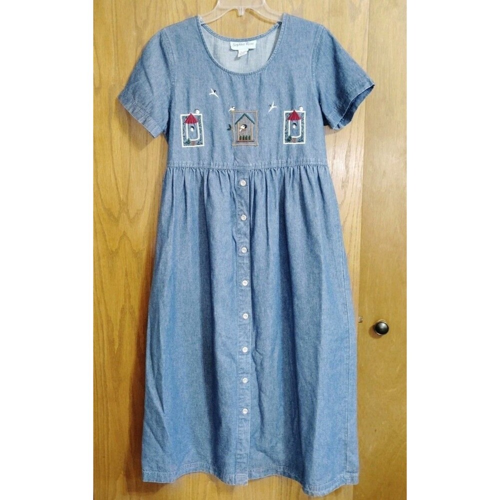 Vintage Sophia Rose Dress Sz 8 Cotton Midi Blue Prairie Emboidered Birdhouse